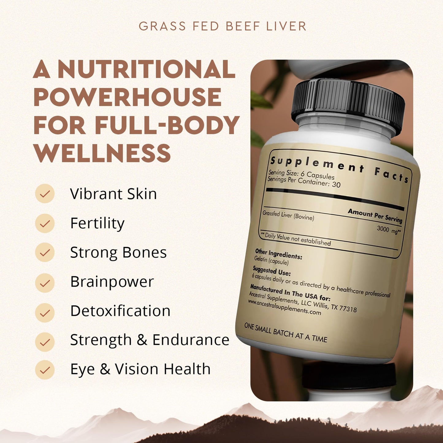Ancestral Supplements Grass Fed Beef Liver 180 Capsules, Supports Energy Production, Detoxification, Digestion, Immunity and Full Body Wellness