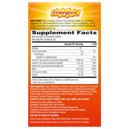 Emergen-C Chewable Vitamin C 1000mg, With B Vitamins And Antioxidants Tablet (40 Count, Orange Blast Flavor), Dietary Supplement