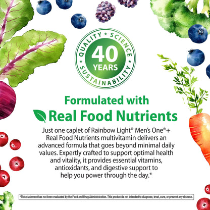 Rainbow Light Mens Multivitamin One + | 150 Caplets | Supports Cellular Energy & Immune Health | with Vitamins C, D, and Zinc | Real Food Nutrients