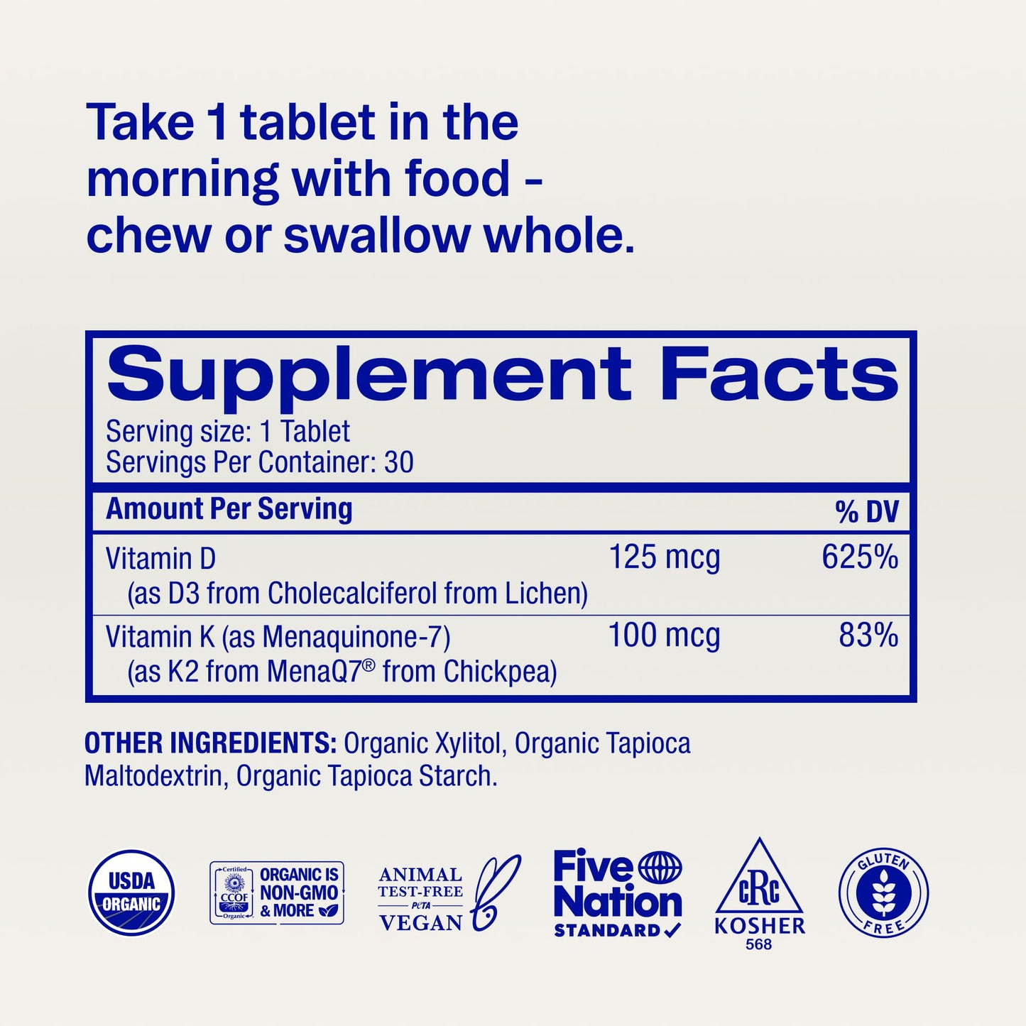 Ora Organic Vitamin D3 5000IU + K2 - Vegan Vitamin D from Lichen and K2 from Chickpeas for Bone Health, Immune Support, & Mood, Maximum Absorption - 1 Month Supply, 30 Chewable Tablets