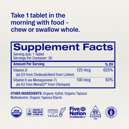 Ora Organic Vitamin D3 5000IU + K2 - Vegan Vitamin D from Lichen and K2 from Chickpeas for Bone Health, Immune Support, & Mood, Maximum Absorption - 1 Month Supply, 30 Chewable Tablets