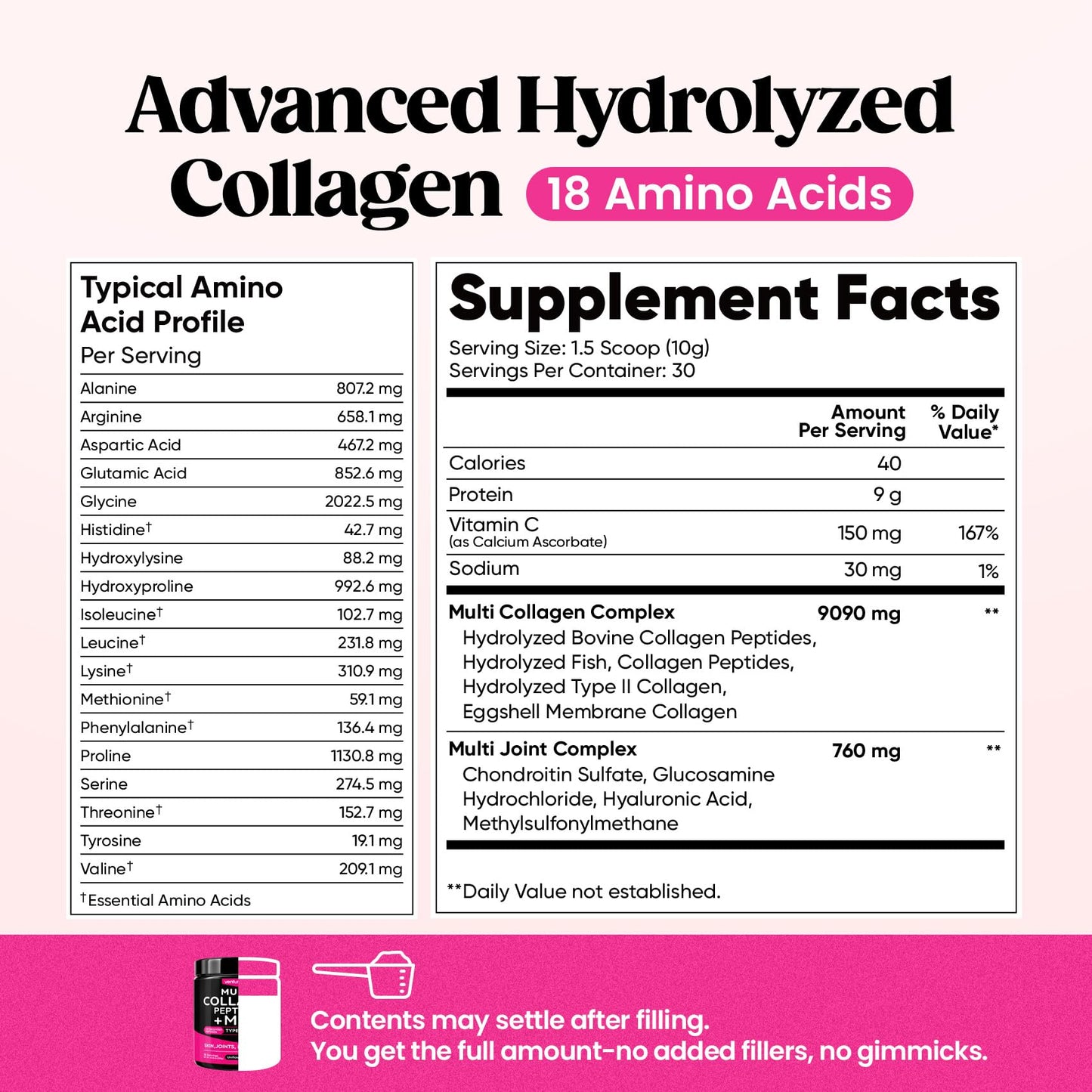 Venture Pal Multi Collagen Powder Type I, II, III, V, X – Hydrolyzed Collagen Peptides MSM, GC, Hyaluronic Acid Vitamin C | Collagen Supplement for Women