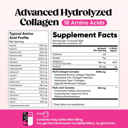 Venture Pal Multi Collagen Powder Type I, II, III, V, X – Hydrolyzed Collagen Peptides MSM, GC, Hyaluronic Acid Vitamin C | Collagen Supplement for Women