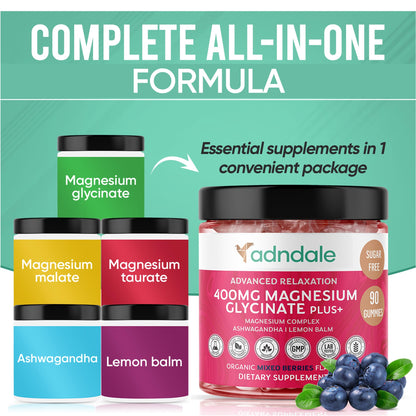 Adndale 90 CT Magnesium Glycinate 400 mg Gummies with Ashwagandha, Magnesium Malate & Taurate, Sugar Free Magnesium Gummies for Adults & Kids. AdndaleBuy Supplements Australia