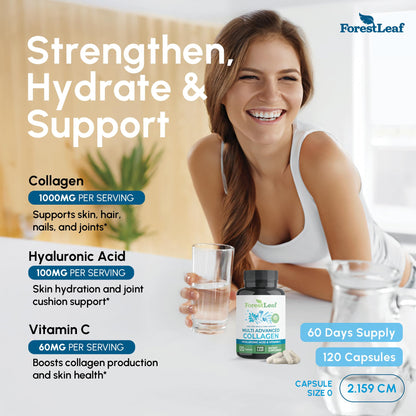 ForestLeaf Multi Collagen Pills with Hyaluronic Acid + Vitamin C | Hydrolyzed Collagen Supplements for Women or Men | Multi Collagen Capsules Peptides for Skin