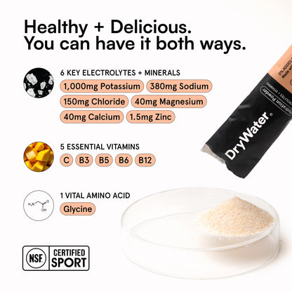 DryWater Electrolyte Powder Packets, Peach Mango - Hydration Packets Drink Mix with Zero Added Sugar for Rehydration & Energy - 6 Key Electrolytes