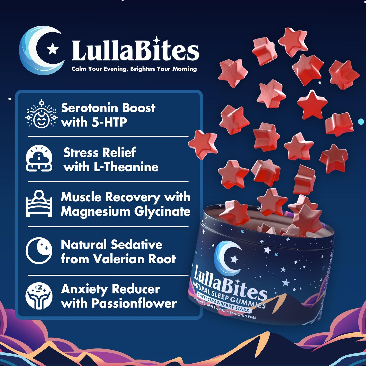 LullaBites - Natural Sleep Gummies - Made in USA - With 5-HTP, L-Theanine, Magnesium & Valerian Root - Melatonin Free - Vegan - Halal - Sugar, Gluten Free - Sweet Strawberry