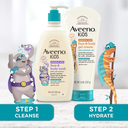 Aveeno Sensitive Skin Face & Body Gel Cream for Kids with Prebiotic Oat, Clinically Proven 24 Hour Hydration for Soft Skin