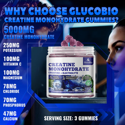 GlucoBio Creatine Monohydrate Gummies (5g) – Pre-Workout Energy & Muscle Growth Support for Men & Women