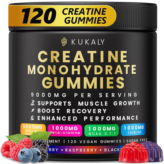 KUKALY Creatine Monohydrate Gummies for Men & Women, 9000MG Creatine Gummies Sugar Free - Mixed Flavored with L-Taurine, BCAA 2:1, B12 B6 for Boost Strength
