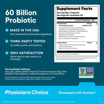 Physician's CHOICE Probiotics 60 Billion CFU - 10 Strains + Organic Prebiotics - Immune, Digestive & Gut Health - Supports Occasional Constipation