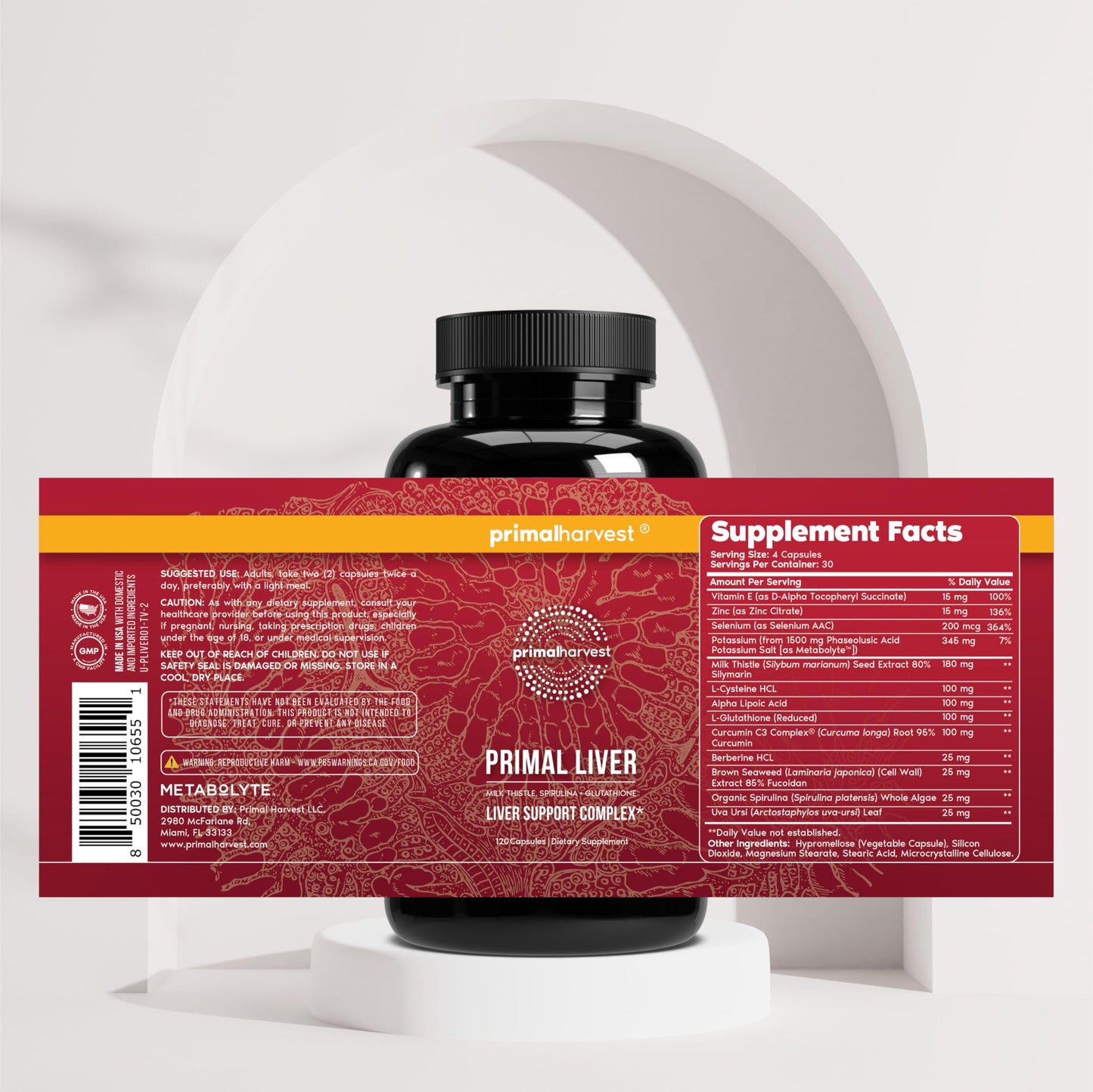 Primal Harvest Primal Liver Liver Supplement with, Alpha-Lipoic Acid, L-Cysteine HCL, L-Glutathione, Milk Thistle, and Spirulina
