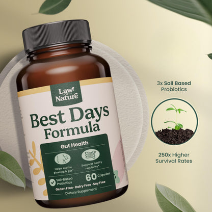 Best Days Formula | Advanced 5-in-1 Gut Support for Bloating, Gas & Irregularity | Soil-Based Probiotics + Prebiotics, L-Glutamine, Aloe Vera & More | 60 Capsules