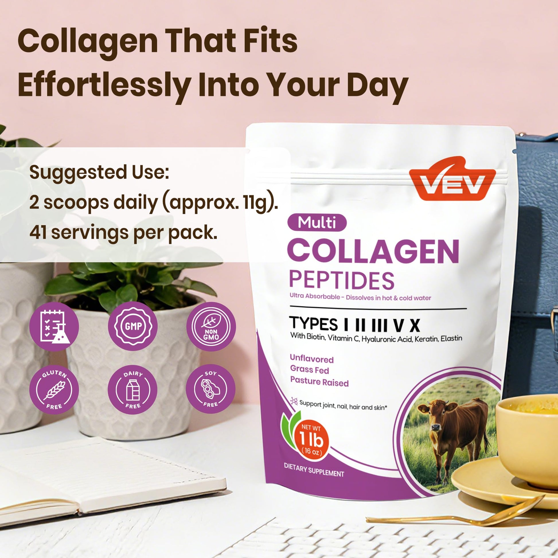 VEV Multi Collagen Peptides Powder, 16 oz (41 Servings) – Type I, II, III, V, X, Hydrolyzed Collagen, Hyaluronic Acid, Biotin, Vitamin C, Supports Skin, Unflavored, Dissolves Easily VEV buy supplements Au