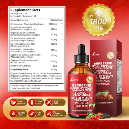 14-in-1 Berberine with Ceylon Cinnamon Supplement Liquid Drops, 1800mg + 30:1 Liposomal Tech with Cayenne Pepper, Soursop, Chromium, Bitter Melon, Turmeric, Moringa, Gymnema