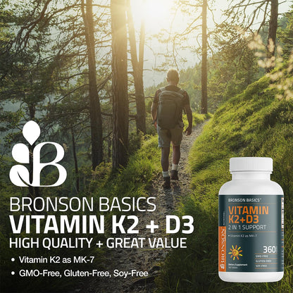 Bronson Vitamin K2 D3 (MK7) Supplement Non-GMO Formula Vitamin D3 5000IU (125 mcg) & 90 mcg K2 MK-7, Easy to Swallow D