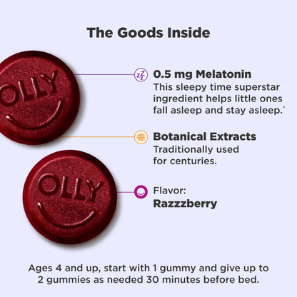 OLLY Kids Sleep Gummies, 0.5mg Melatonin, L Theanine, Chamomile, and Lemon Balm, Raspberry - 70 Count