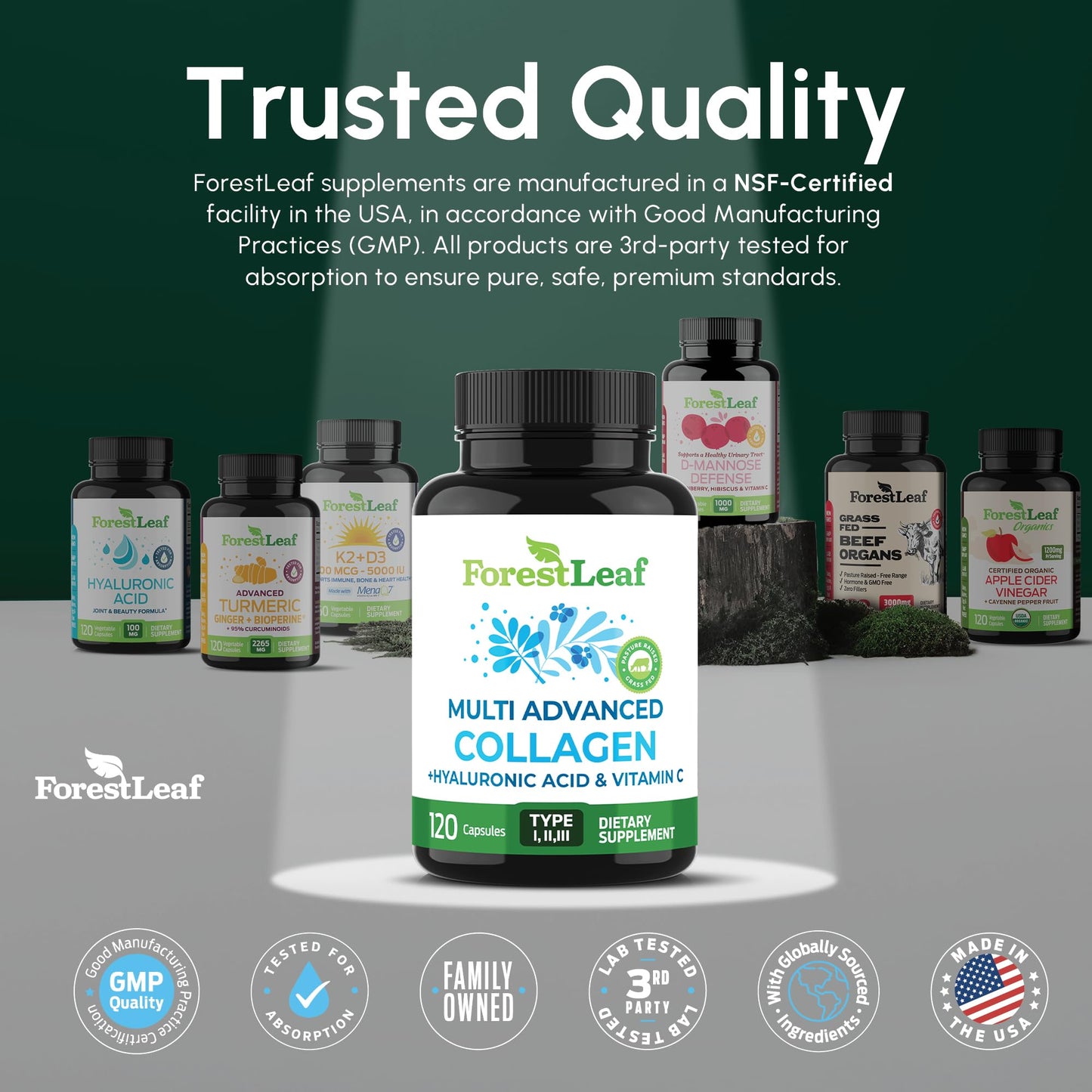 ForestLeaf Multi Collagen Pills with Hyaluronic Acid + Vitamin C | Hydrolyzed Collagen Supplements for Women or Men | Multi Collagen Capsules Peptides for Skin
