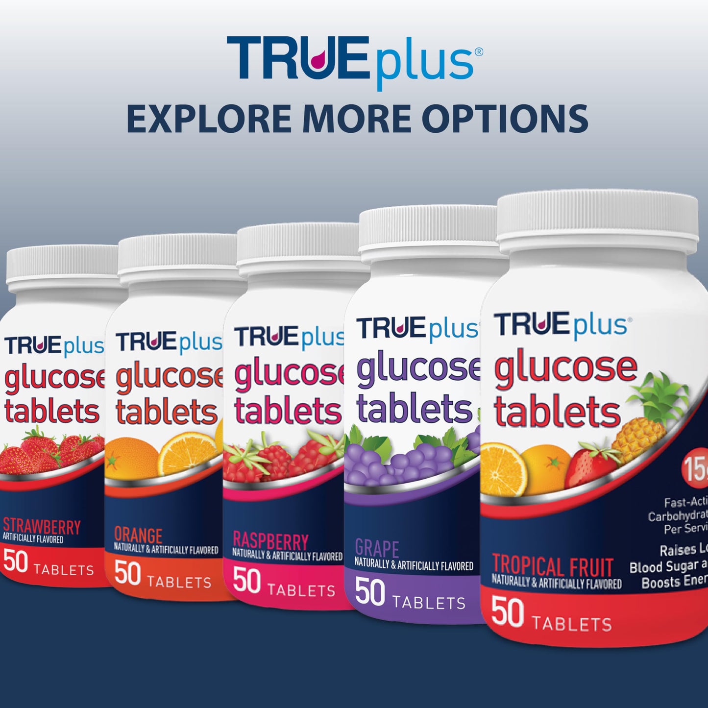 TRUEplus Glucose Tablets, Chewable, Birthday Cake Flavor, 15g Fast-Acting Carbohydrates, Dye Free, Gluten Free, No Fat, Boost Energy, 50 Count