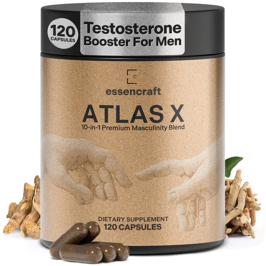 Essencraft Atlas X Testosterone Supplement for Men – 10-in-1 Natural Testosterone Booster & Muscle Booster w/Shilajit, Zinc, Tongkat Ali, & More (120 Capsules) EssencraftBuy Supplements Australia