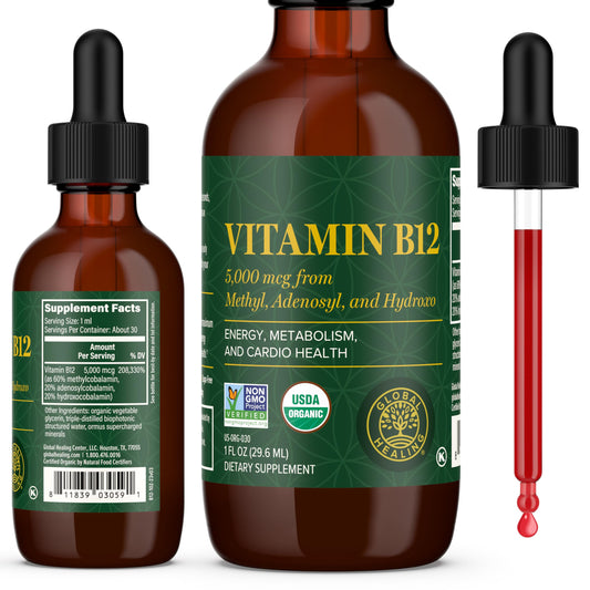 Global Healing Center - Vitamin B12 Sublingual 5000 MCG Organic Liquid Supplement, Methylcobalamin, Adenosylcobalamin, Hydroxo Long-Lasting Energy