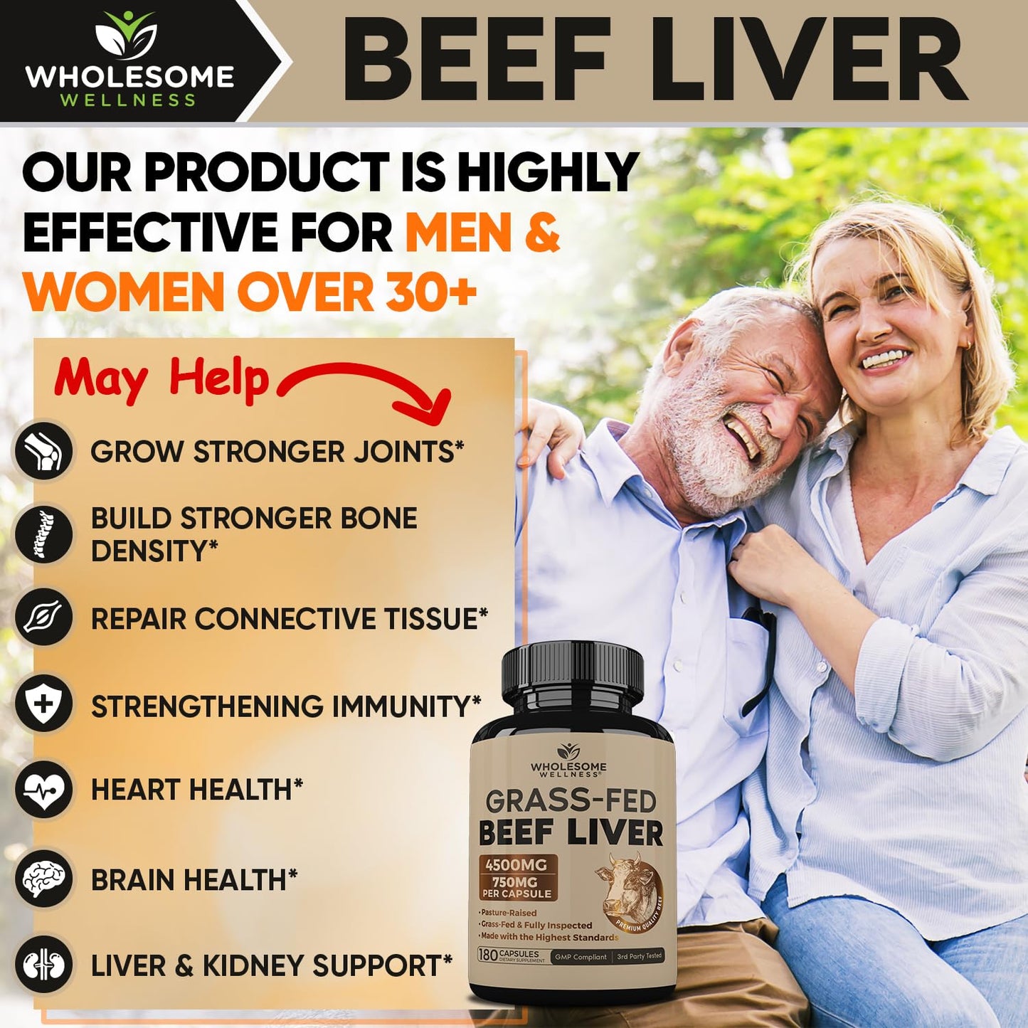 Wholesome Wellness Grass Fed Desiccated Beef Liver Capsules (180 Pills, 750mg Each) - Natural Iron, Vitamin A, B12 for Energy - Raised Undefatted in New Zealand