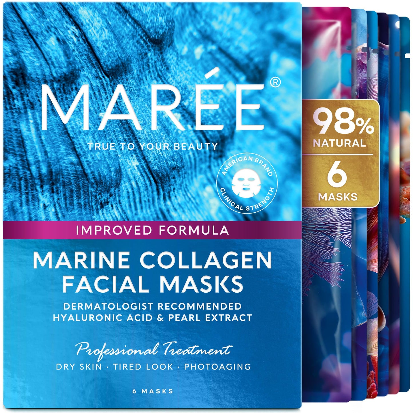 MAREE Collagen Facial Mask with Hyaluronic Acid — Sheet Face Mask Skincare — Centella Asiatica, Green & Red Algae Extract