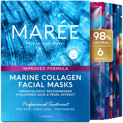 MAREE Collagen Facial Mask with Hyaluronic Acid — Sheet Face Mask Skincare — Centella Asiatica, Green & Red Algae Extract