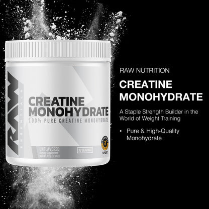 RAW Nutrition Creatine Monohydrate Powder, Unflavored (30 Servings) - Micronized Creatine Monohydrate Supplement for Workout Performance, Build Muscle & Strength