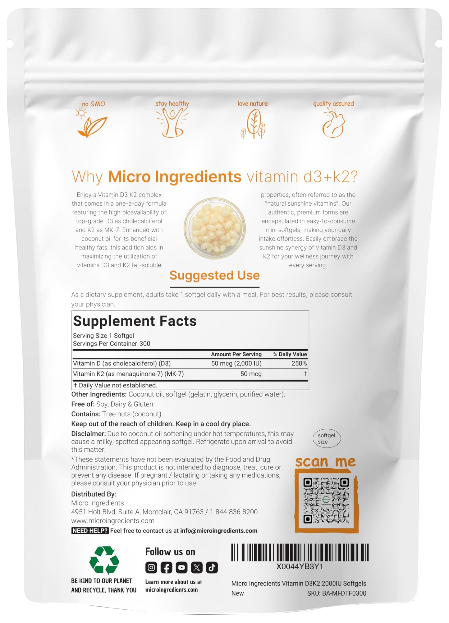 Micro Ingredients Vitamin D3 2,000 IU + K2 MK-7 50 mcg, 300 Softgels | Virgin Coconut Oil | 2-in-1 Support | Easy to Swallow, Non-GMO