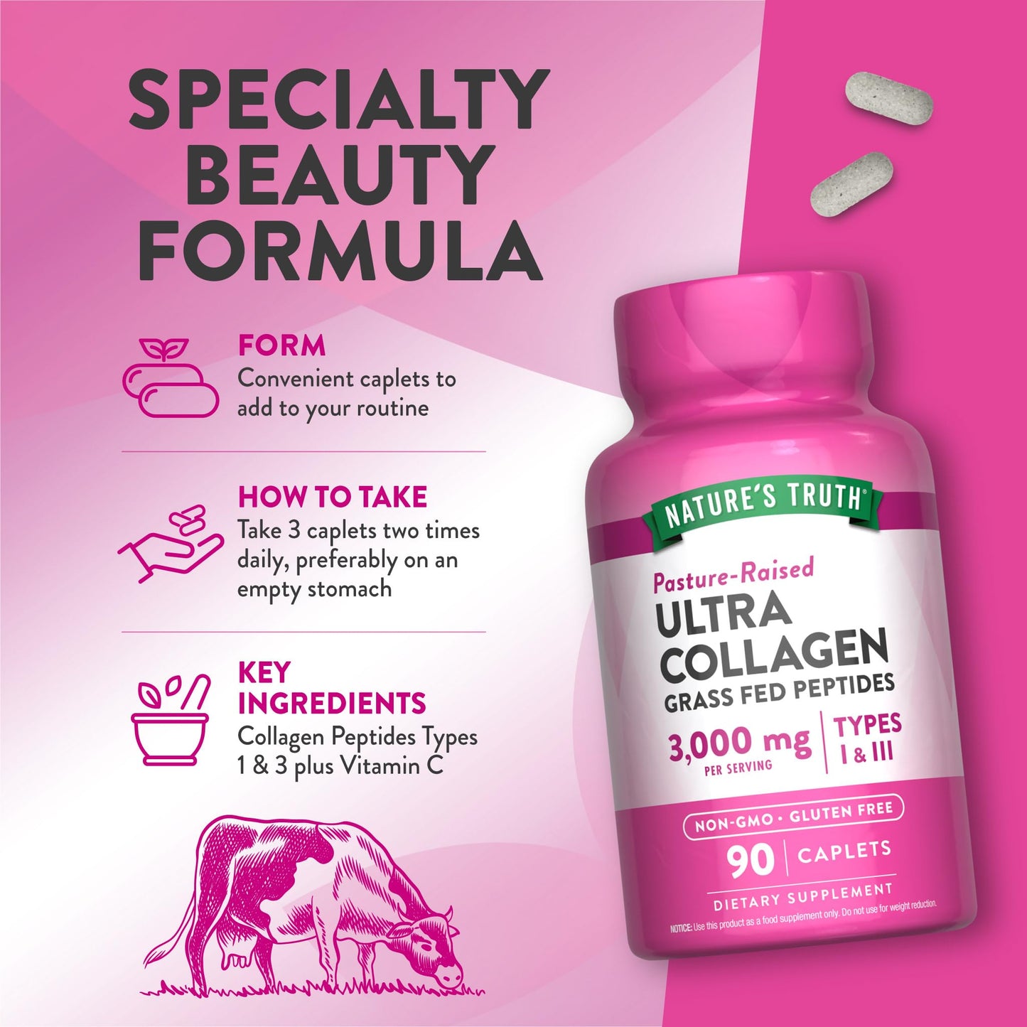 Nature's Truth Collagen Peptides | 90 Caplets | Type 1 and 3 with Vitamin C | Grass Fed, Non-GMO & Gluten Free Supplement