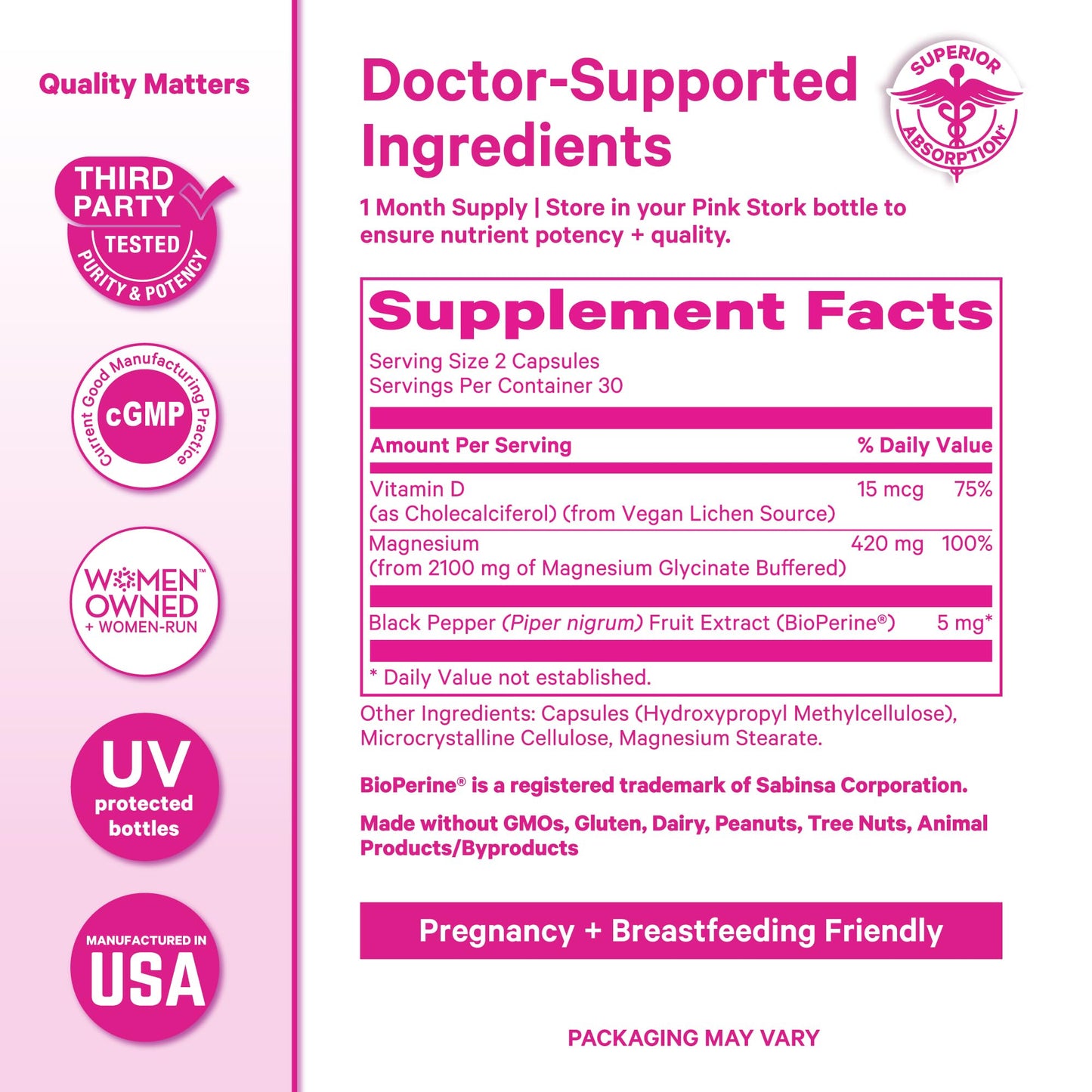 Pink Stork Magnesium Glycinate with Vitamin D - Magnesium Supplement for Women to Support Natural Calm, Mood, and Sleep - Hormone Balance for Women