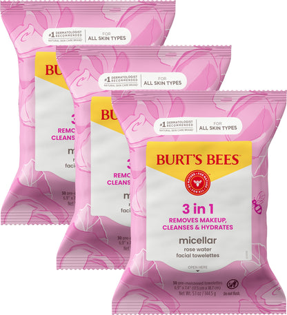 Burt’s Bees Micellar Rose Water Facial Towelettes, 100% Plant Based Cloth; 99% Natural Origin; Remove Makeup, Cleanse, Hydrate; No Oily Residue; All Skin Types; 30 Ct, Pack of 3 (Pack May Vary)