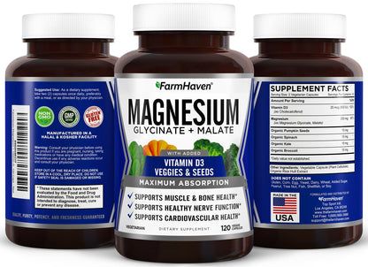 FarmHaven Magnesium Complex –Magnesium Glycinate & Malate w/Vitamin D3, 100% Chelated for Max Absorption, Vegetarian – Bone Health, Nerves, Muscles, 120 Capsules, 60 Days FarmHavenBuy Supplements Australia