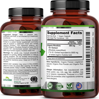 Zazzee USDA Organic Rhodiola 10:1 Extract, 120 Capsules, 4 Month Supply, Rhodiola Rosea, Energy, Stress & Mental Focus Support, Concentrated 10X Extract