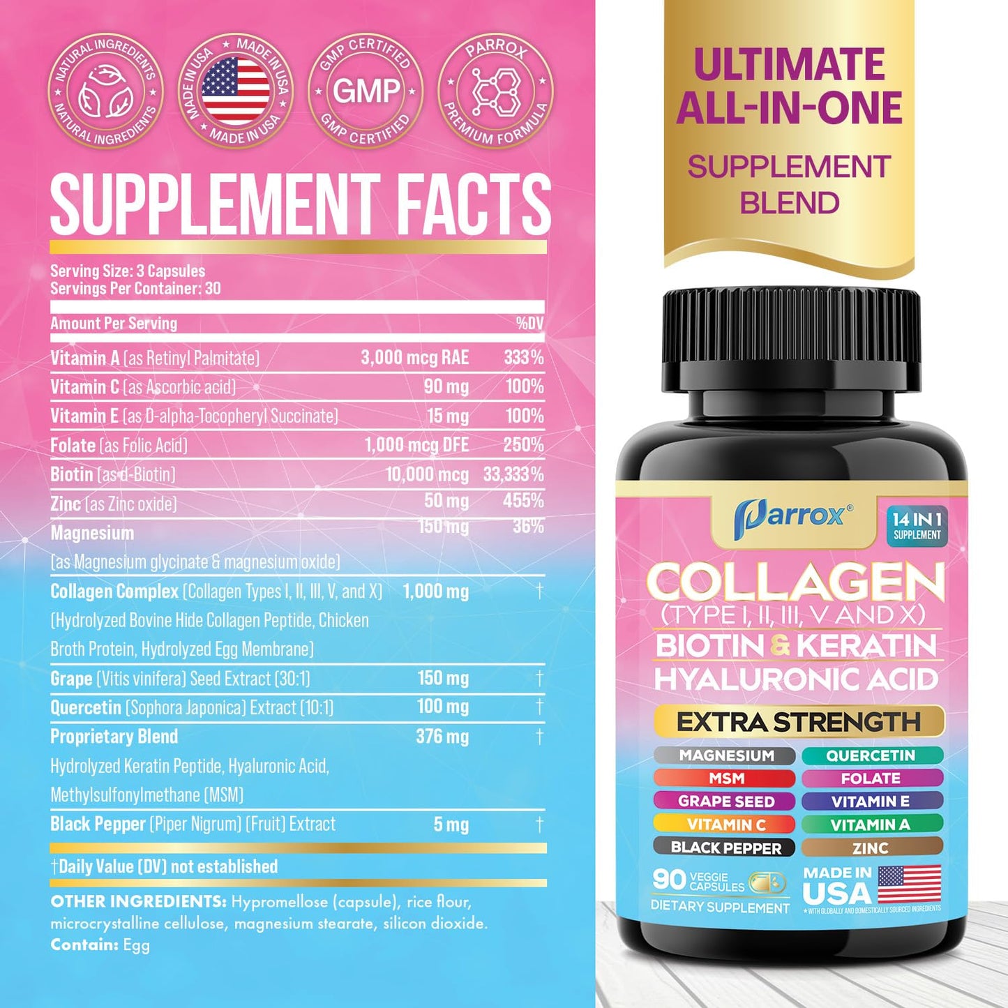 Parrox Collagen Peptides Types I, II, III, V & X, MCG Biotin, Keratin, Hyaluronic Acid, MSM, Zinc, Grape Seed Extract, Quercetin, Vitamin A, Vitamin C, Vitamin E, Magnesium, Folic Acid (90 Capsules) ParroxBuy Supplements Australia