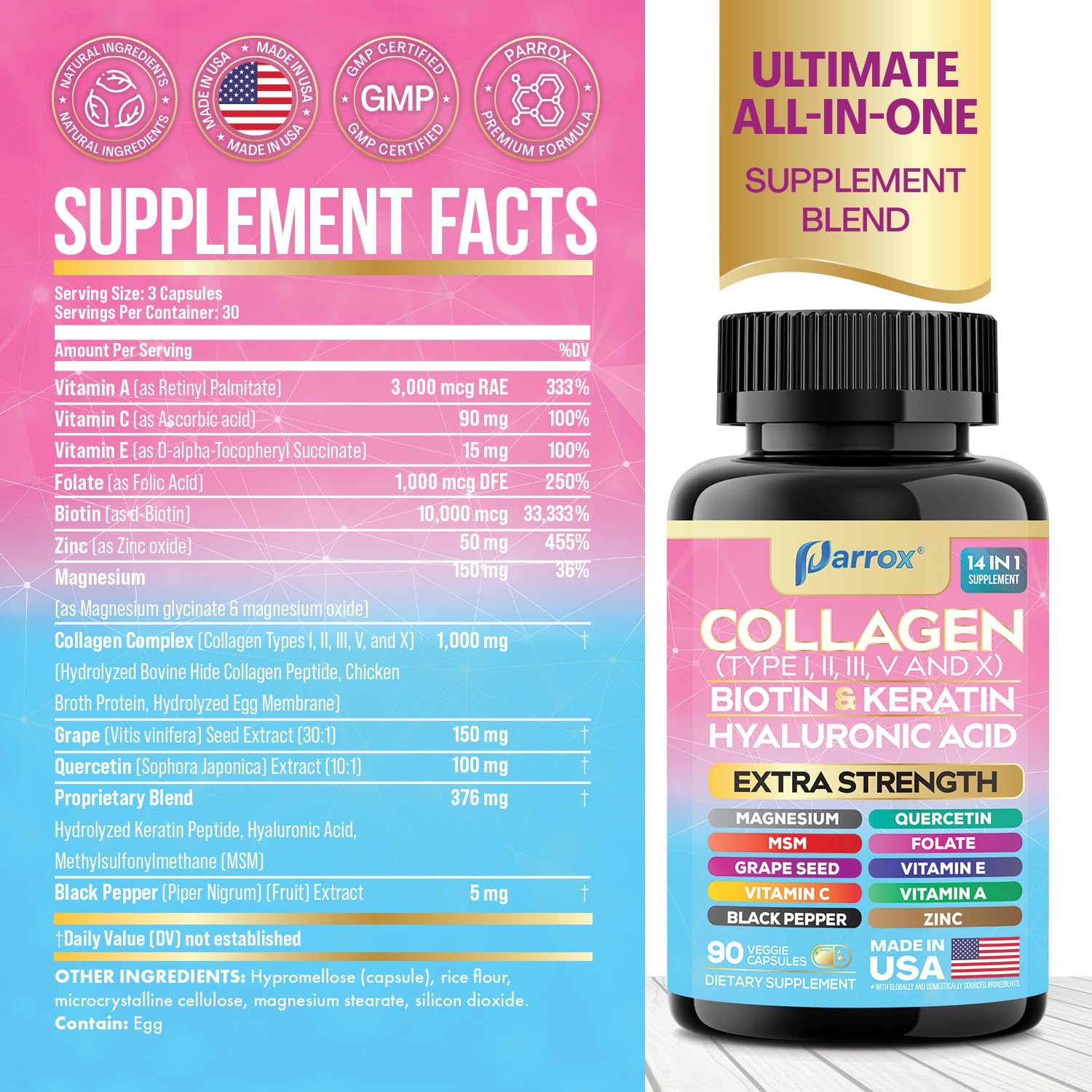 Parrox Collagen Peptides Types I, II, III, V & X, MCG Biotin, Keratin, Hyaluronic Acid, MSM, Zinc, Grape Seed Extract, Quercetin, Vitamin A, Vitamin C, Vitamin E, Magnesium, Folic Acid (90 Capsules) ParroxBuy Supplements Australia