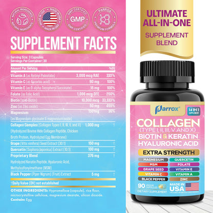 Parrox Collagen Peptides Types I, II, III, V & X, MCG Biotin, Keratin, Hyaluronic Acid, MSM, Zinc, Grape Seed Extract, Quercetin, Vitamin A, Vitamin C, Vitamin E, Magnesium, Folic Acid (90 Capsules) ParroxBuy Supplements Australia