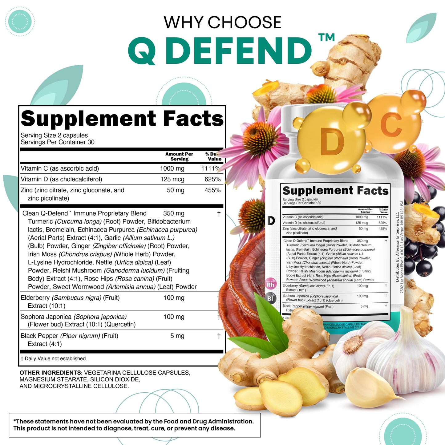 Q Defend Quercetin Supplement with Zinc Vitamin C Vitamin D Elderberry Turmeric Black Pepper Garlic Ginger Sea Moss Lysine Stinging Nettle Reishi Mushroom Immune