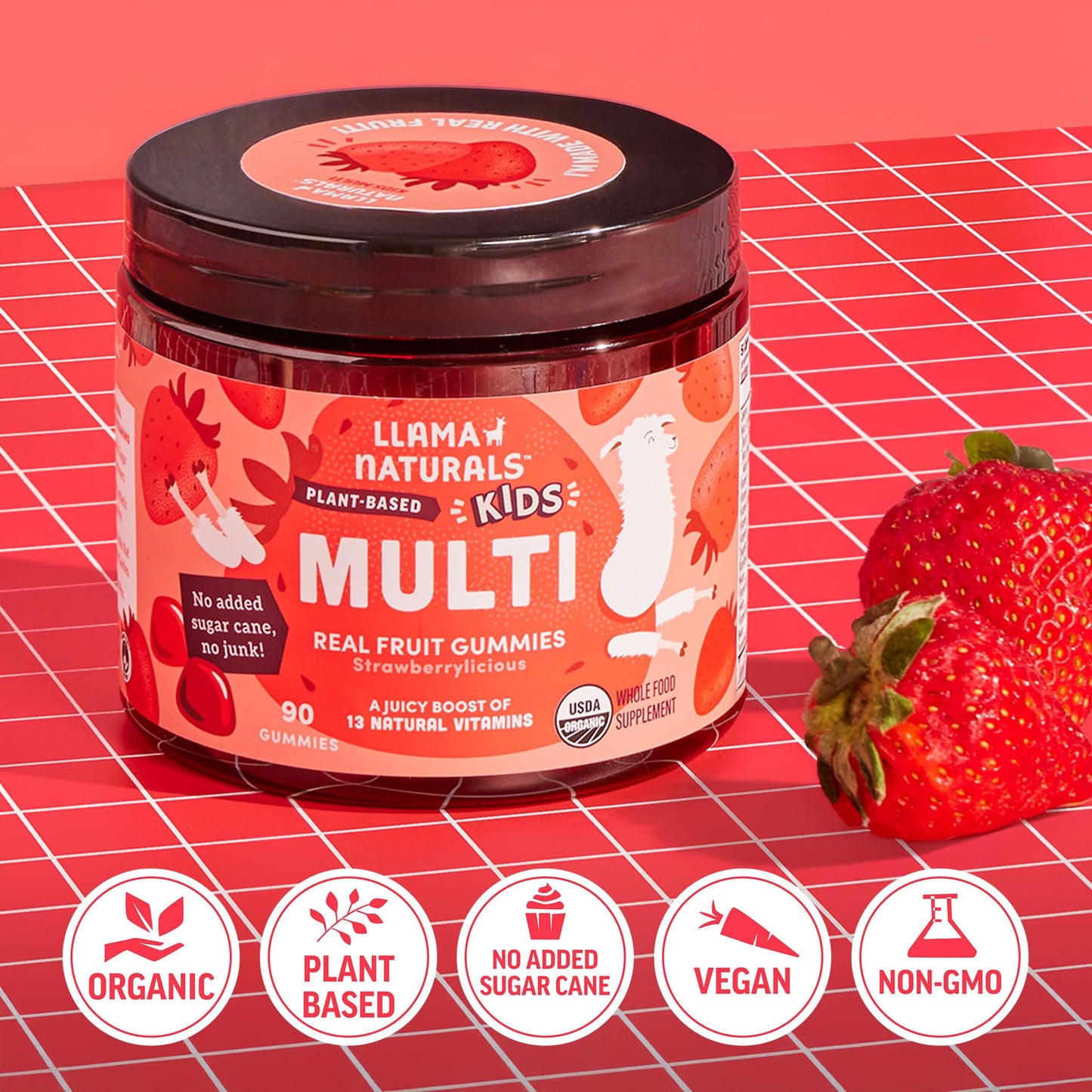 Llama Naturals Kids Multivitamin Gummies | Real Fruit, No Added Sugar Cane | Organic Vegan Toddler Whole Food Vitamins | Vitamin D, C & Beta Carotene Gummy Supplement
