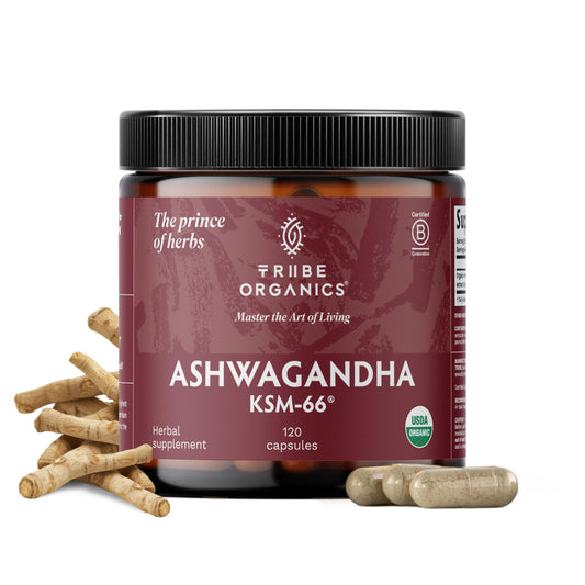 TRIBE ORGANICS Ashwagandha KSM 66 Pure Organic Root Powder Extract Ayurvedic Supplement - Focus, Mood Support, Increase Energy, Strength, 600mg of Natural KSM66