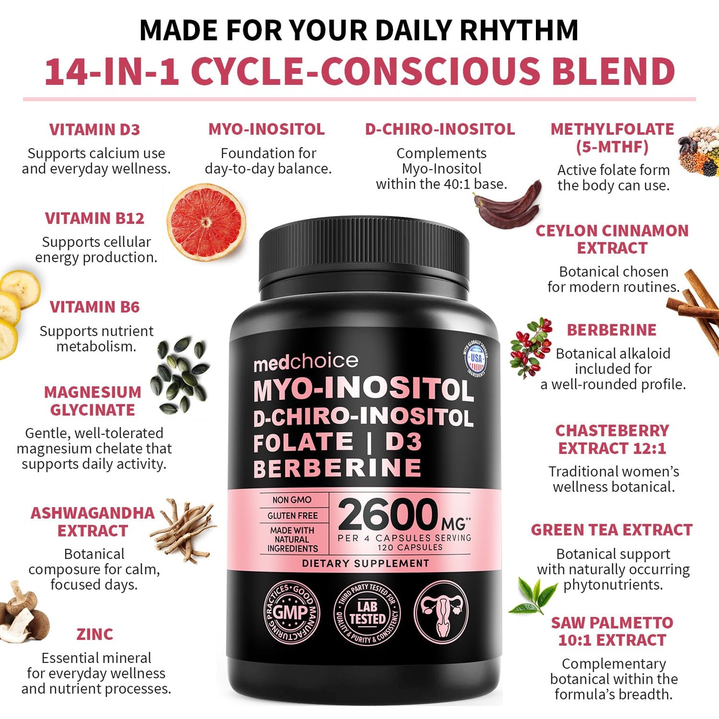 14-in-1 Women’s Inositol Complex Supplement – 40:1 Myo & D-Chiro Inositol with Folate, Vitamin D3, Zinc, Magnesium & Botanicals for Hormone