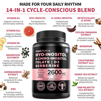 14-in-1 Women’s Inositol Complex Supplement – 40:1 Myo & D-Chiro Inositol with Folate, Vitamin D3, Zinc, Magnesium & Botanicals for Hormone
