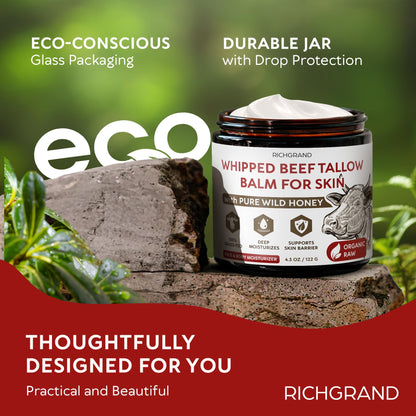 RICHGRAND Beef Tallow for Skin - Whipped Tallow and Honey Balm - Grass Fed Beef Tallow for Face, Daily Moisturizer & Body Butter