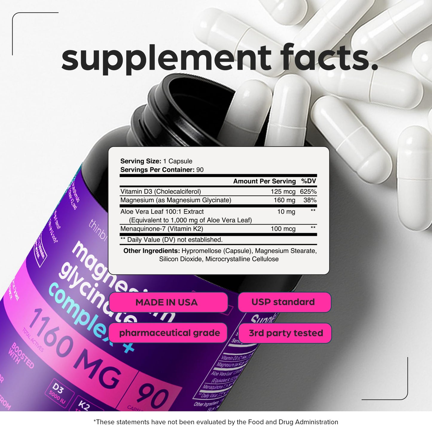 Magnesium Glycinate 1160mg + Aloe Vera, D3 & K2 Complex 90 Capsules - High Absorption, Non-Laxative - Supports, Muscle Function & Healthy Metabolism Chelated Formula ThinbiBuy Supplements Australia