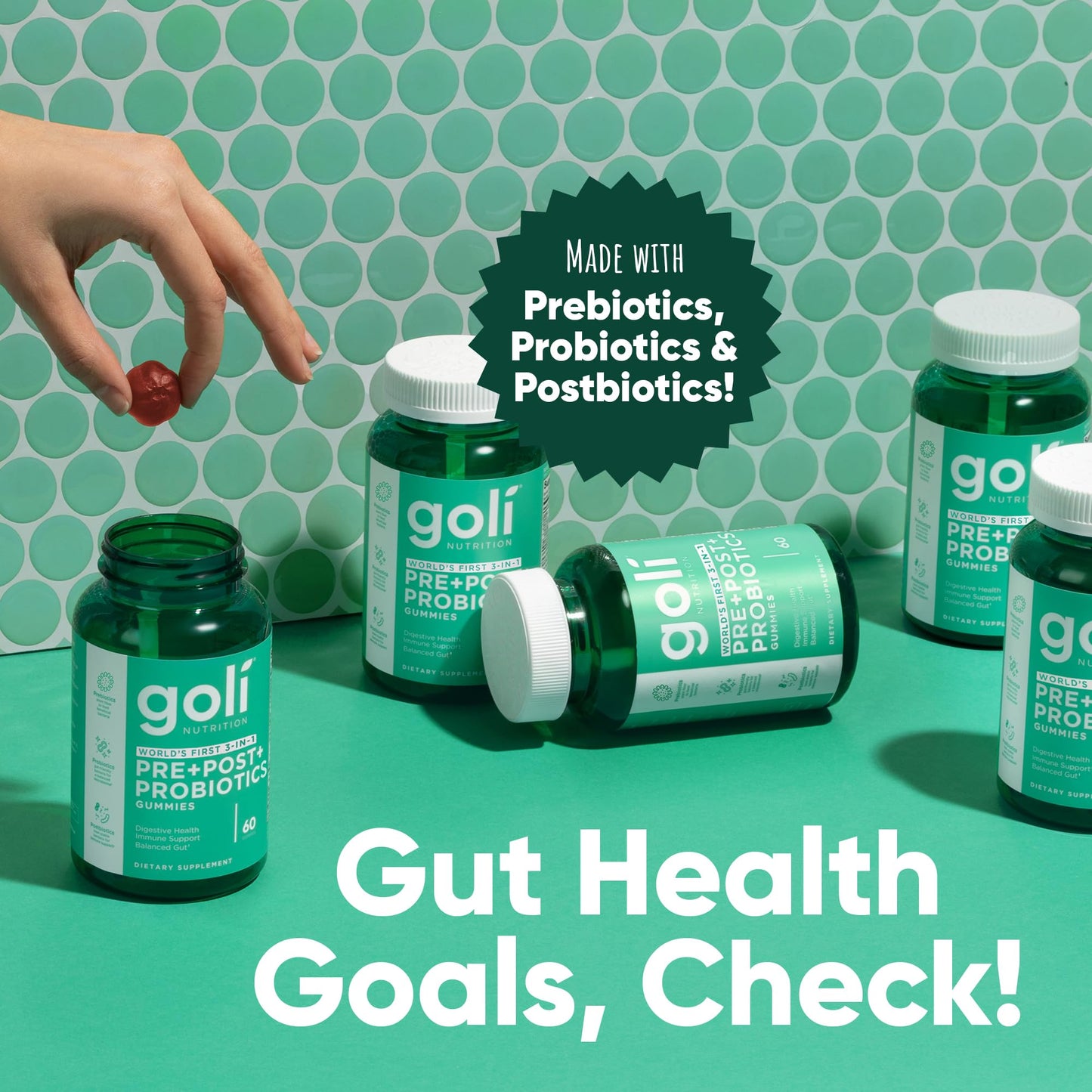Goli Pre Pro Postbiotic Gummies - Worlds First 3-in-1 Formula with DE111 Probiotics, XOS Prebiotics, MCC1849 Postbiotics - Vegan, Non-GMO, Gluten-Free