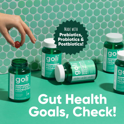 Goli Pre Pro Postbiotic Gummies - Worlds First 3-in-1 Formula with DE111 Probiotics, XOS Prebiotics, MCC1849 Postbiotics - Vegan, Non-GMO, Gluten-Free
