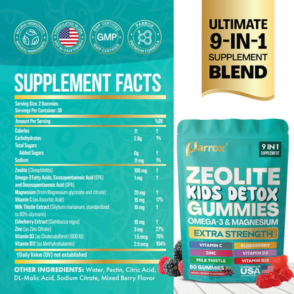 Parrox Zeolite Kids Gummies, 9-in-1 with Zeolite, Omega-3, Magnesium, Elderberry, Vitamin C, Milk Thistle, Vitamin D3, Zinc, B12 – Sugar-Free