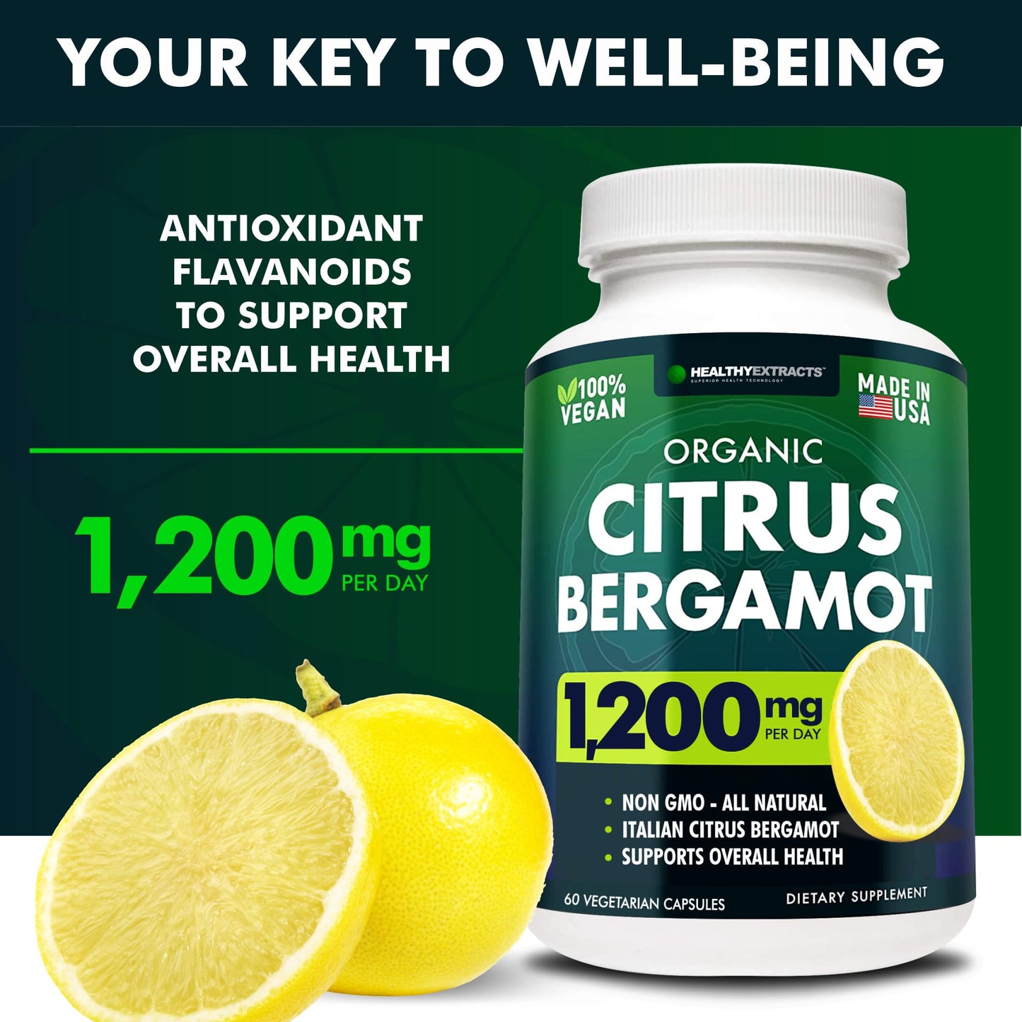 Citrus Bergamot Supplement – 150:1 Extract, 1200mg per Serving, 70% Polyphenols, Italian Sourced, 60 Count, 1 Month Supply, Made in the USA