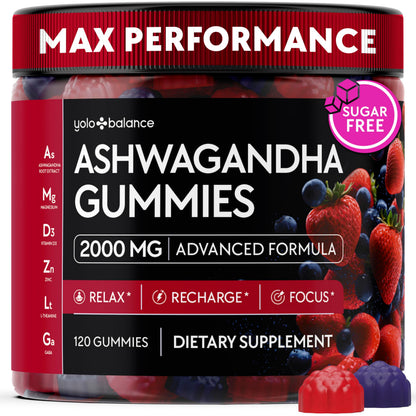 Ashwagandha Gummies – 120 Count - 2000 MG Ashwagandha Supplements with L-Theanine, GABA, Magnesium, Zinc & Vitamin D3 – Sugar-Free, Vegan,
